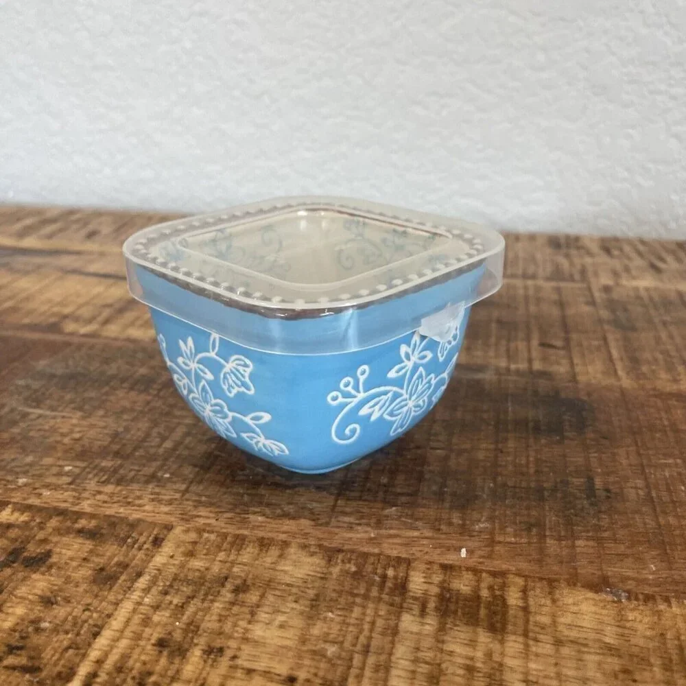 Temptations Blue Floral Lace square ramekin Square Teal Plastic Lid Small Bowl